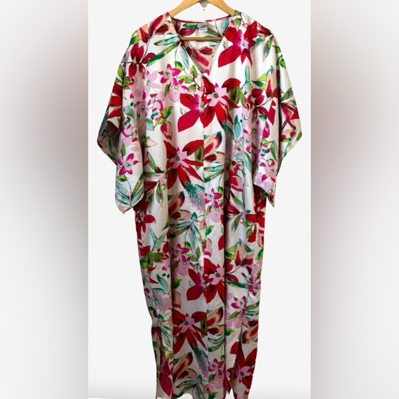 Natori fuschia flrl robe/kaftan w frnt zp SZ M mumu loungewear - Picture 1 of 12